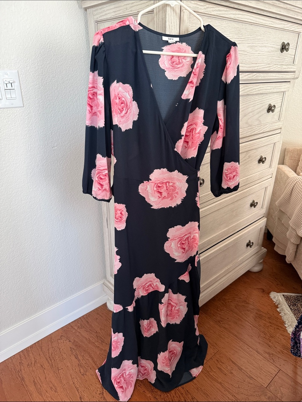 Bar III Black Maxi Wrap Dress with Pink Rose Print